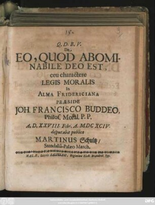 De Eo, Quod Abominabile Deo Est, ceu charactere Legis Moralis