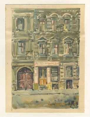 Aquarell von Karl-Heinz Klingbeil: Wohnhaus mit Fleischwarengeschäft im Erdgeschoss (1976)