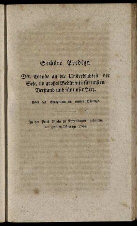 Sechste Predigt. Der Glaube an die Unsterblichkeit der Sele [...]