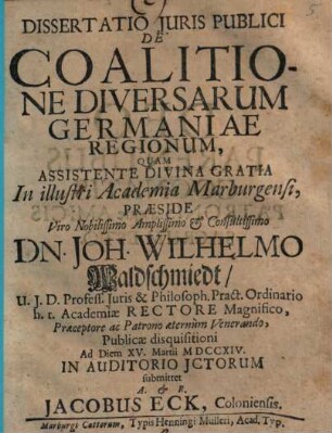 Diss. iuris publici de coalitione diversarum Germaniae regionum