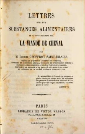 Lettres sur les substances alimentaires et particulièrement sur la viande de cheval
