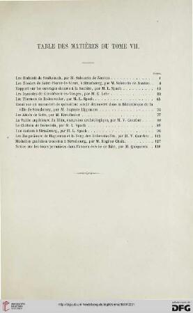 Table des matières du tome VII