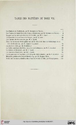 Table des matières du tome VII