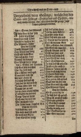 Verzeichniß derer Gesänge, welche bey den Sonn- und Festtags-Evangelien und Episteln, wie auch wochentlichen Bet-Stunden durchs ganze Jahr können gesungen werden