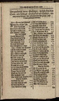 Verzeichniß derer Gesänge, welche bey den Sonn- und Festtags-Evangelien und Episteln, wie auch wochentlichen Bet-Stunden durchs ganze Jahr können gesungen werden