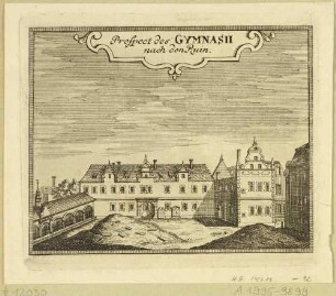 Das alte Gymnasium in Zittau in der Oberlausitz nach dem Bombardement durch österreichische Truppen gegen die preußische Besatzung am 23. Juli 1757 während des Siebenjährigen Krieges, aus Montalegres Sechs Stadt Zittau