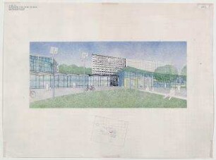 Bauwettbewerb Amerika-Gedenkbibliothek/Berliner Zentralbibliothek, AGB, 1. Phase (nicht realisiert) – Eingangsbereich: Perspektivansicht. Berlin-Kreuzberg, Blücherplatz 1
