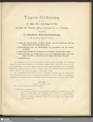 Tages-Ordnung für die am 27. März 1903 ... abzuhaltende 9. ordentliche Generalversammlung