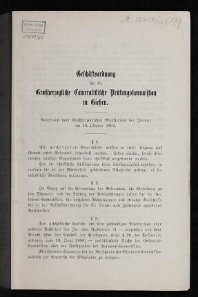Geschäftsordnung für die Großherzogliche Cameralische Prüfungskommission zu Gießen