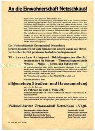Aufruf des Ortsausschusses Netzschkau i. Votgl. der Volkssolidarität zu einer allgemeinen Straßen- und Haussammlung für die Umsiedler