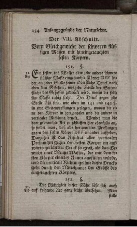 Der VIII. Abschnitt. Vom Gleichgewicht der schwerer flüssigen Massen mit hineingetauchten festen Körpern