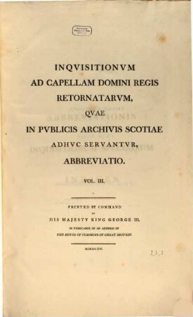 Inqvisitionvm ad capellam domini regis retornatarvm, qvae in pvblicis archivis Scotiae adhvc servantvr, abbreviatio, 3