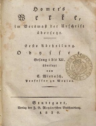 Homer's Werke, 1. Odyssee ; Bdch. 1