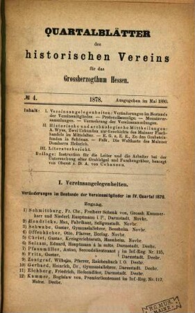 Quartalblätter des Historischen Vereins für das Großherzogtum Hessen. 1878
