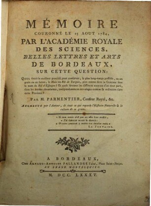 Mémoire quel seroit le meilleur procedé pour conserver le Mais