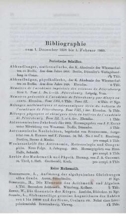 Bibliographie vom 1. December 1859 bis 1. Februar 1860.