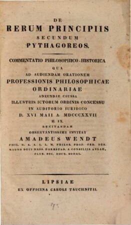 De rerum principiis secundum Pythagoreos : commentatio philosophico-historica