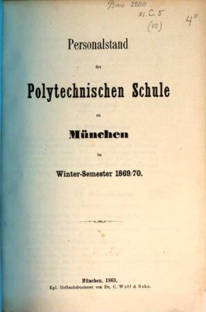 Personalstand der Königlich-Bayerischen Polytechnischen Schule zu München, 1869/70 (1870)
