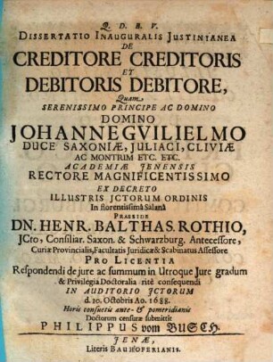 Dissertatio inauguralis iustinianea de creditore creditoris et debitoris debitore