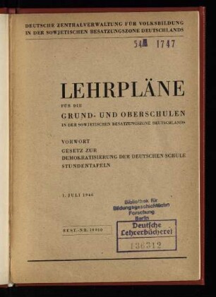 1946: Vorwort, Gesetz zur Demokratisierung der Deutschen Schule, Stundentafeln