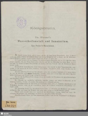 Dr. Putzar's Wasserheilanstalt und Sanatorium Königsbrunn : Spec. Pension für Nervenleidende