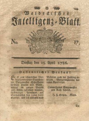 No. 17, Dinstag den 25. April 1786