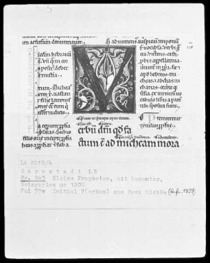 Die 12 kleinen Propheten mit Glosse — Initiale V(erbum), Folio 77verso