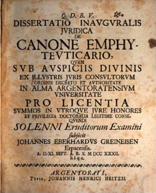 Diss. inaug. de canone emphyteuticario