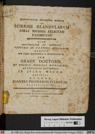 Dissertatio Solemnis Medica De Scirrhis Glandvlarvm Colli Maximis Feliciter Exstirpatis