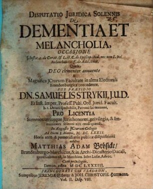 Disp. iur. sol. de dementia et melancholia