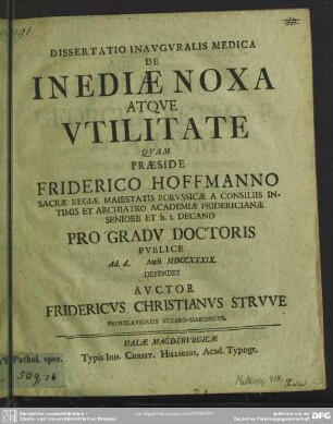 Dissertatio Inauguralis Medica De Inediae Noxa Atque Utilitate