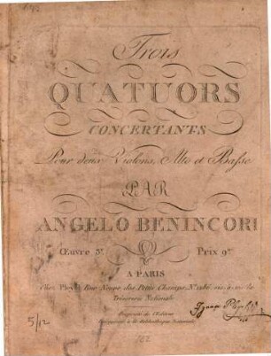 3 quatuors concertants : pour 2 violons, alto & basse ; op. 3