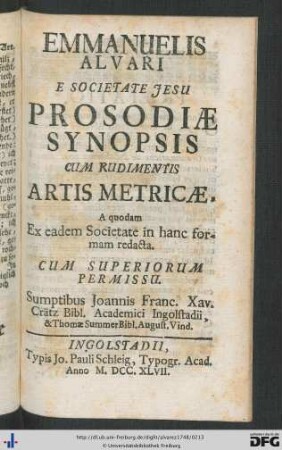 Prosodiae Synopsis Cum Rudimentis Artis Metricae.