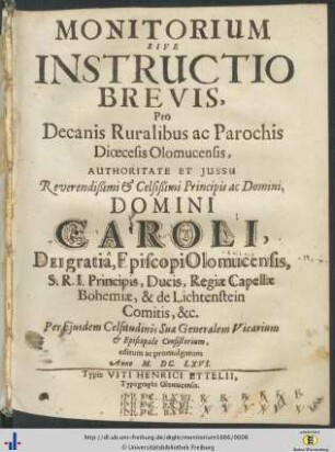 Monitorium Sive Instructio Brevis Pro Decanis Ruralibus ac Parochis Dioecesis Olomucensis