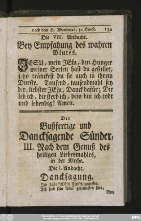 Die VIII. Andacht. Bey Empfahung des wahren Blutes.