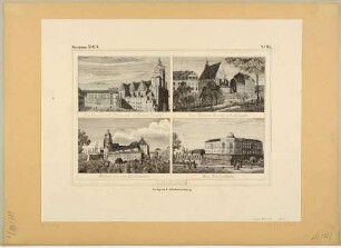 Bilderbogen mit vier Ansichten bedeutender Leipziger Gebäude: Buchhändlerbörse und Nikolaikirche, Thomaskirche und Thomasschule, Pleißenburg mit Sternwarte und Bürgerschule auf der Moritzbastei, aus einer Reihe (Zeitschrift Bauwerke?)