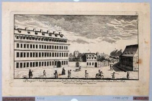 Dresden, das Waisenhaus am Jüdenteich nach Südosten mit Blick in die Bürgerwiese, Teil einer Reihe Dresdner und sächsischer Ansichten von Schlitterlau um 1770