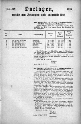 Anlage: (648-695.), Vorlagen, welche den Zeitungen nicht mitgeteilt sind, 13. September 1919