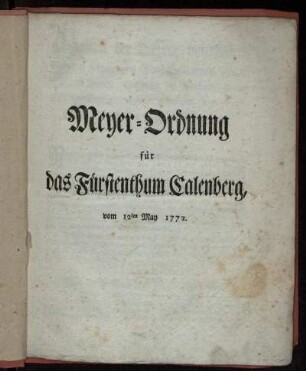 Meyer-Ordnung für das Fürstenthum Calenberg, vom 12ten May 1772