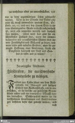 Zwanzigster Abschnitt. Fürschriften, die ausschweifende Kreaturliebe zu mäßigen