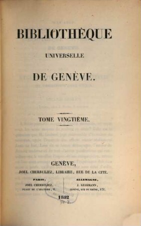 Bibliothèque universelle de Genève. 20. 1852