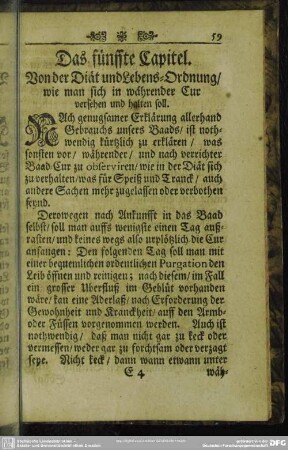 Das fünffte Capitel. Von der Diät und Lebens-Ordnung, wie man sich in währender Cur versehen und halten soll