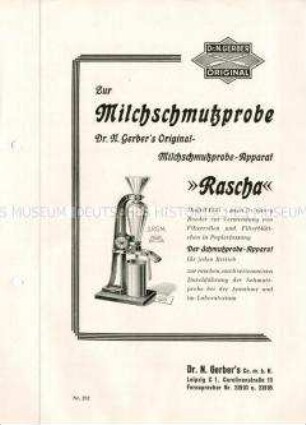 Zur Milchschmutzprobe Dr. N. Gerber`s Original-Milchschmutzprobe-Apparat "Rascha"