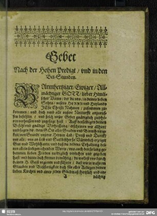 Gebet Nach der Hohen Predigt, und in den Bet-Stunden