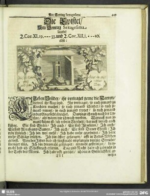 Die Epistel, Am Sontag Sexagesima lautet 2. Cor. XI. 19.-33. und 2. Cor,. XII. 1.-10.