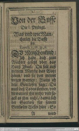 Die I. Predigt. Was und wie Mancherley die Busse sey