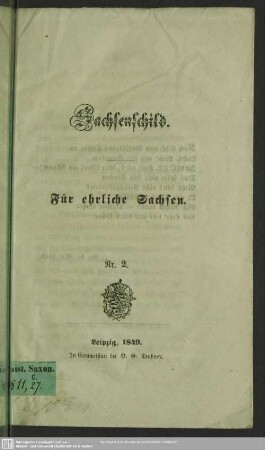 1849,2: Sachsenschild : für ehrliche Sachsen