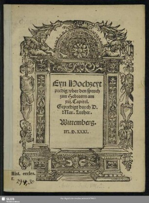 Eyn Hochzeytpredig, vber den Spruch zun Hebreern am xiij. Capitel