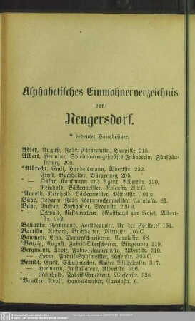 Einwohnerverzeichnis : Alphabetisches Einwohner-Verzeichniß