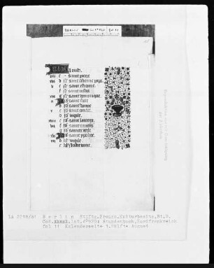 Lateinisches Stundenbuch — KL-Ligatur und Teilbordüre, Folio 11recto
